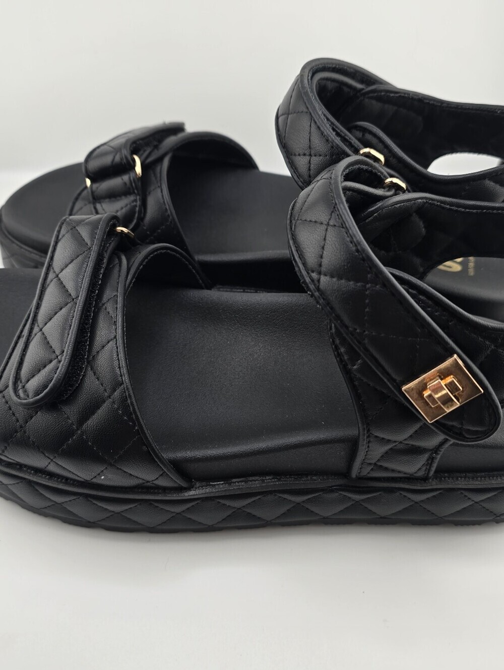 Black Quilted Leather Slingback Flatform Sandals - Picture 9 of 16